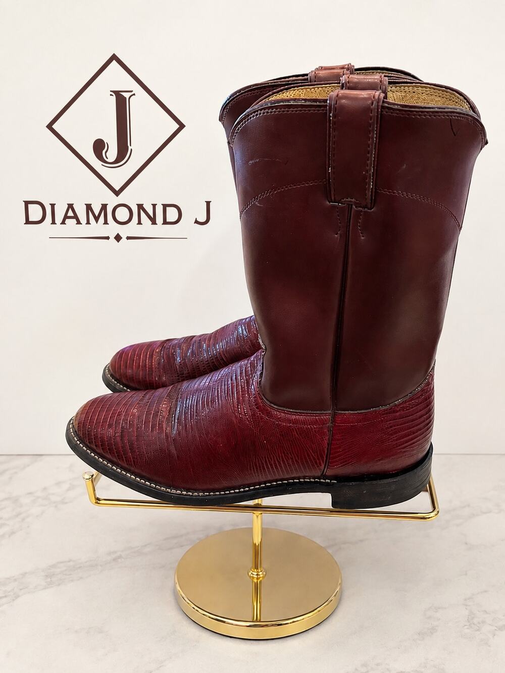 Vintage Diamond J by Justin Teju Lizard Print Roper Boots Burgundy 8.5B